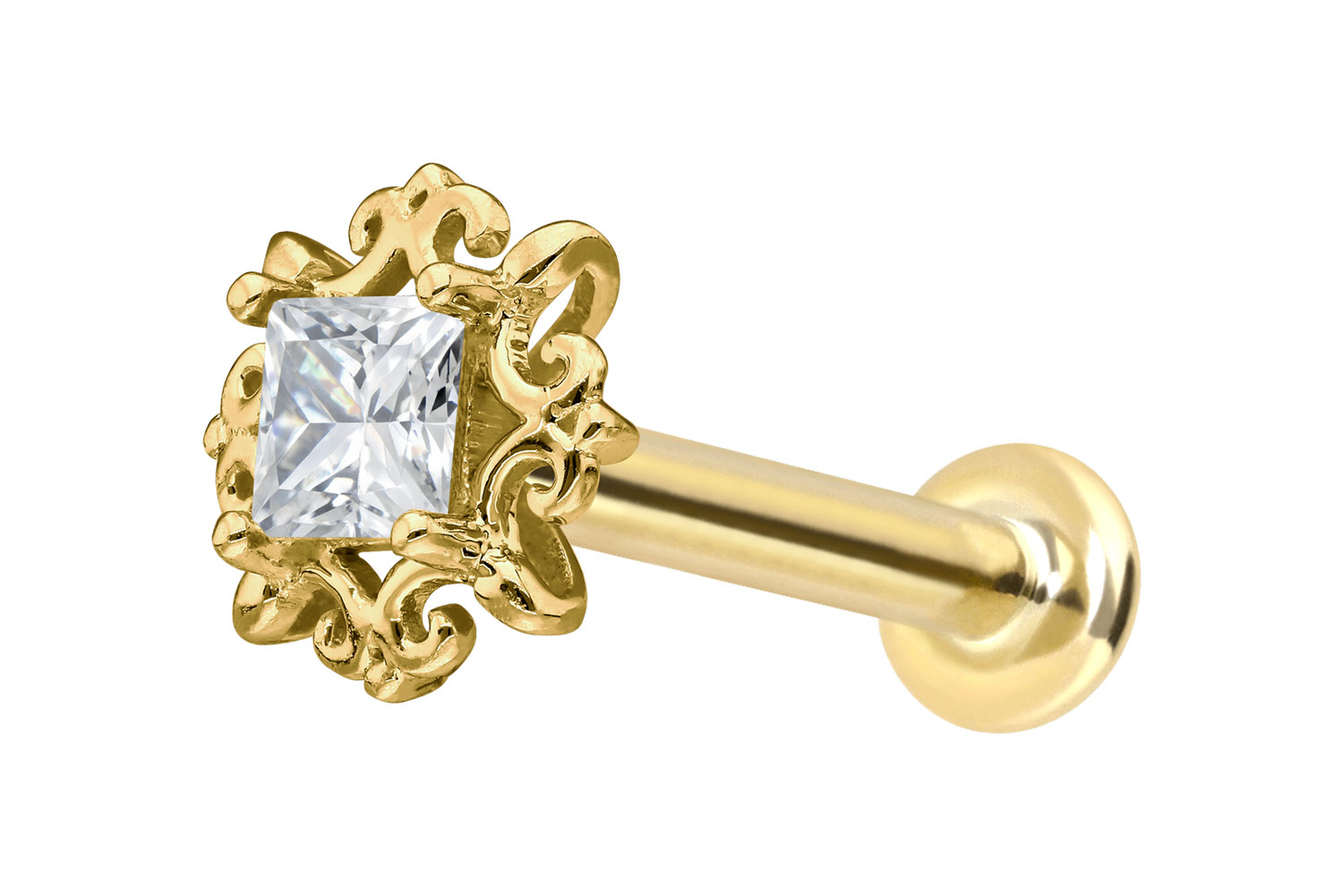 14 Karat Gold Labret Piercing mit Push Fit MOISSANIT-QUADRAT + ORNAMENTE